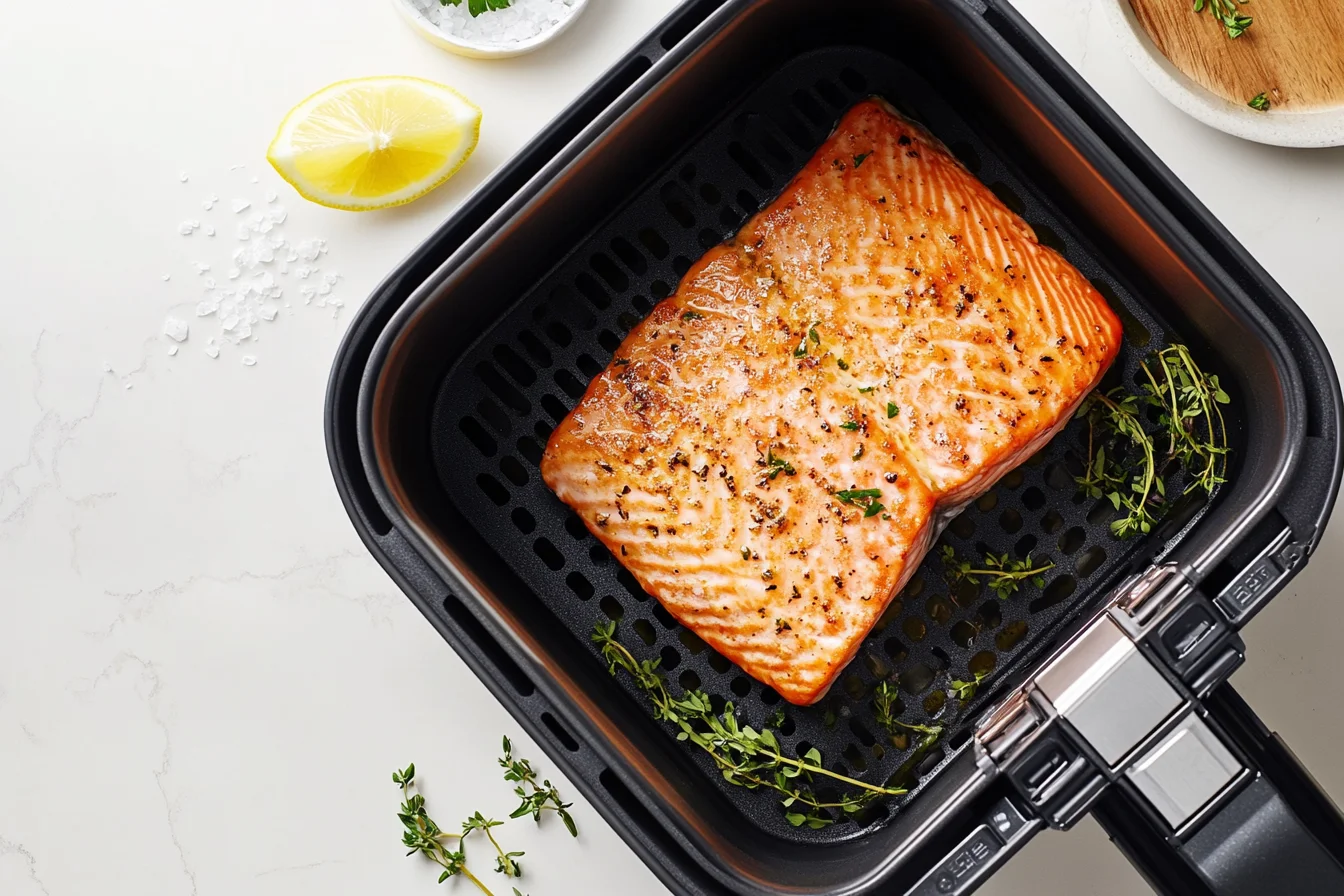 Frozen salmon fillet in an air fryer basket, garnished with fresh herbs and served with a lemon wedge.