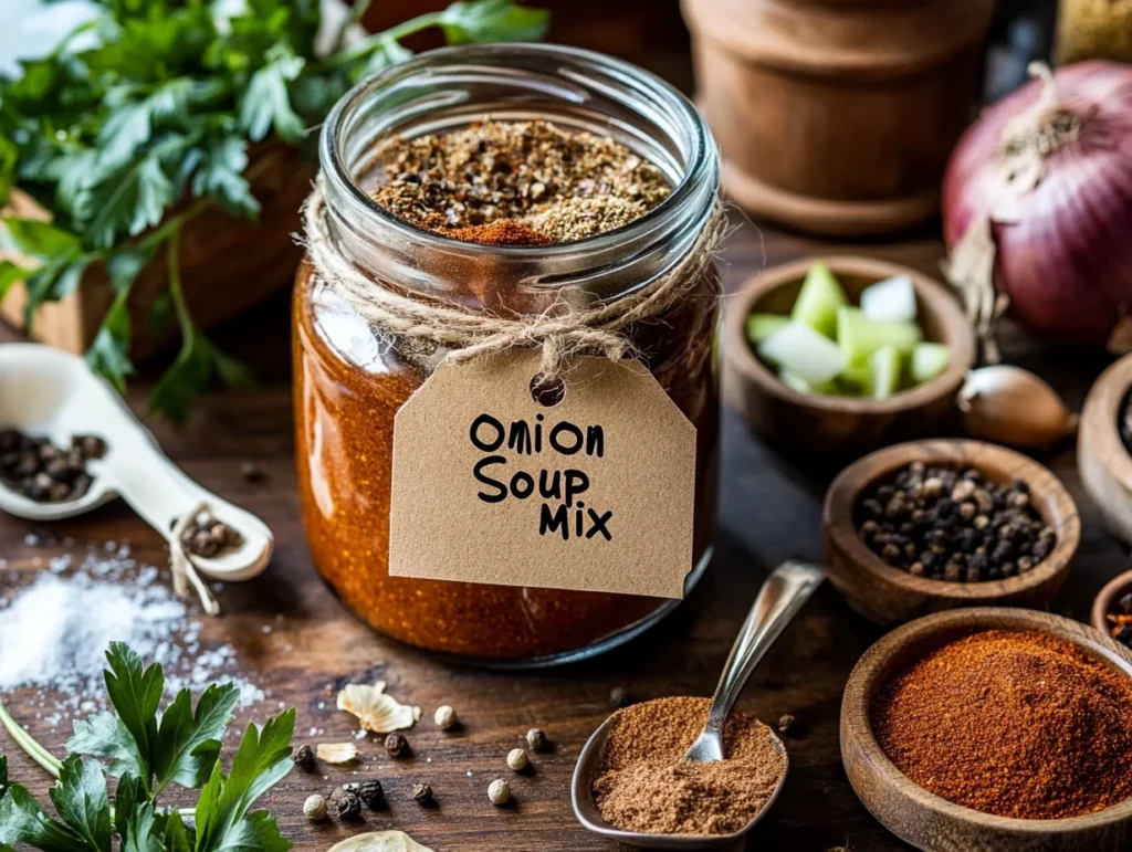 Glass jar of homemade onion soup mix with a rustic label, surrounded by small bowls of spices and a measuring spoon.