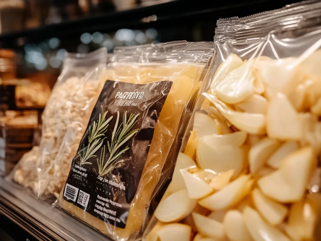 Three gluten-free alternatives to Lipton Onion Soup Mix, including Pacific Foods, Simply Organic, and Herb Ox, displayed on a kitchen counter.