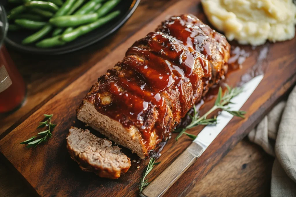 Featured image of baked meatloaf topped with ketchup glaze, sliced and served with mashed potatoes and green beans.