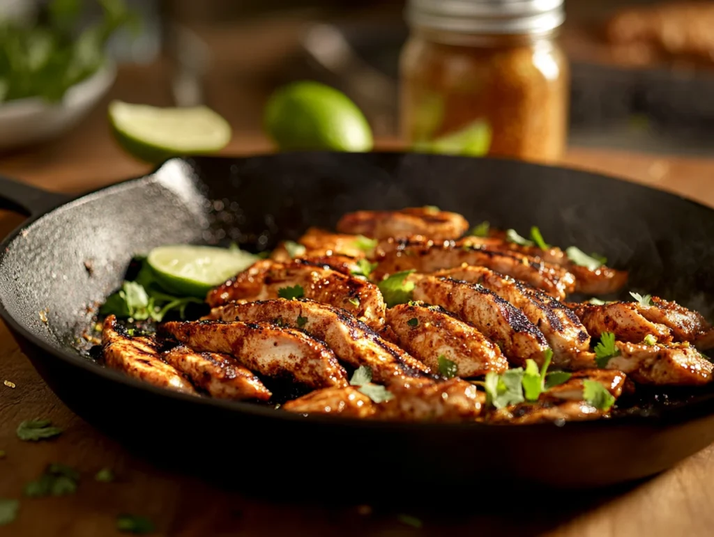 grilled chicken strips coated with homemade chicken taco seasoning in a cast-iron skillet, garnished with lime wedges and fresh cilantro.