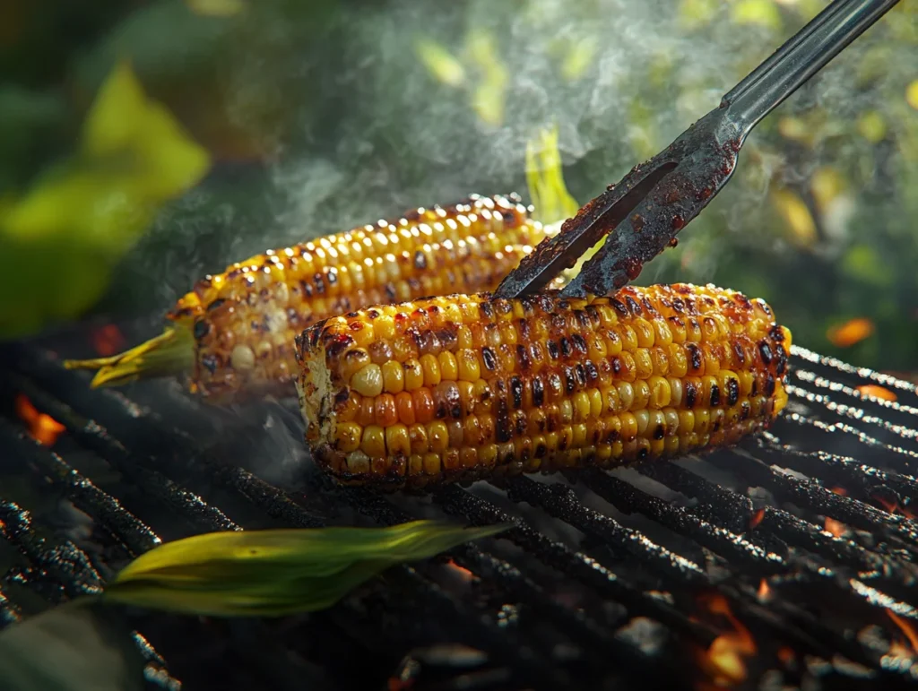 Charred corn on the cob with grill marks being cooked on a black grill grate, surrounded by smoke and greenery.