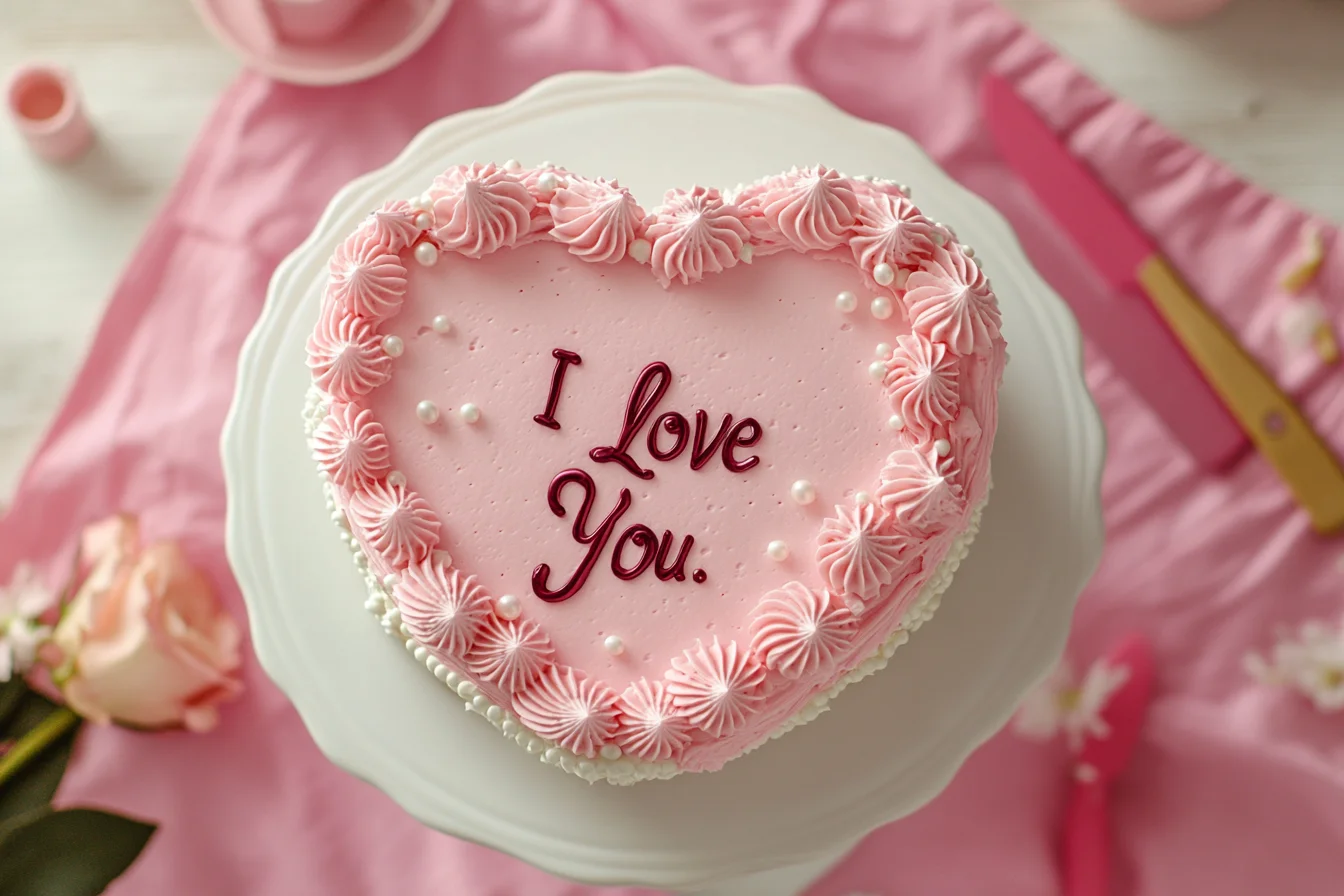 Heart-shaped cake with pink buttercream and vintage piping, displayed on a white cake stand with floral accents.