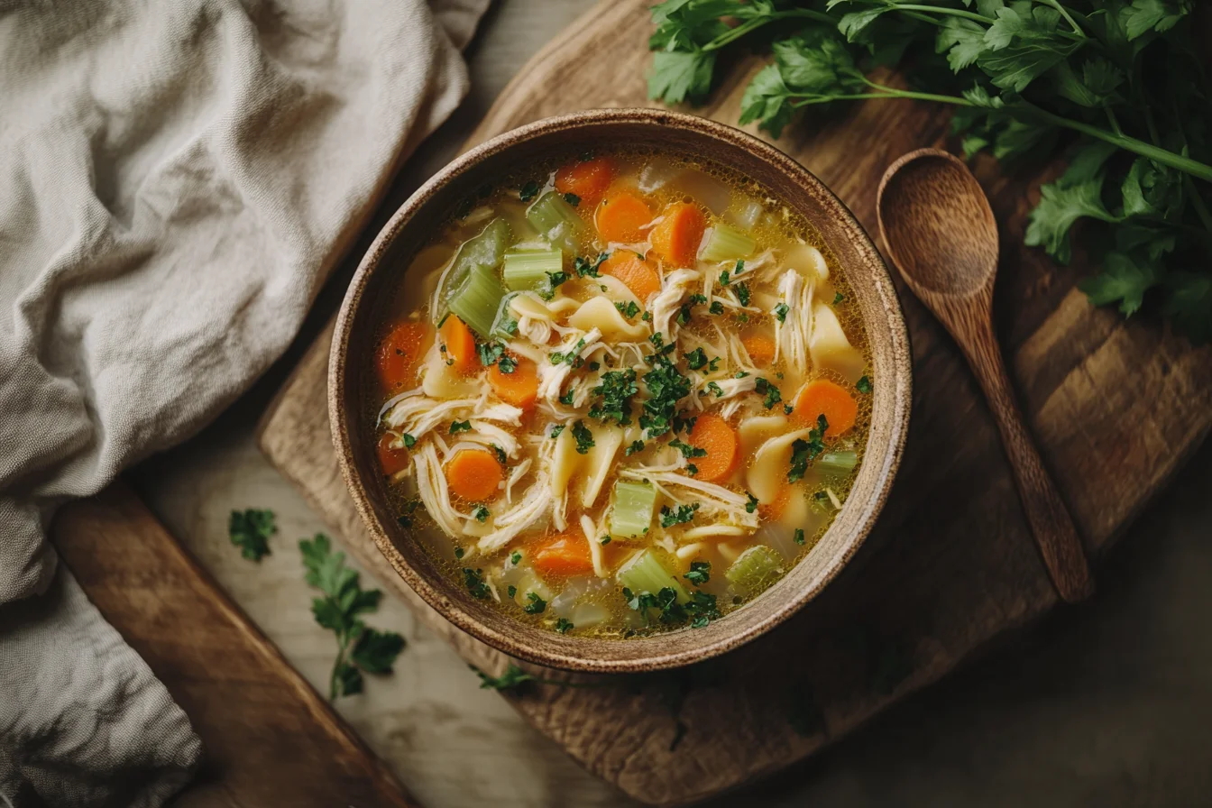 Steaming bowl of homemade chicken noodle soup garnished with fresh parsley, surrounded by rustic kitchen elements.