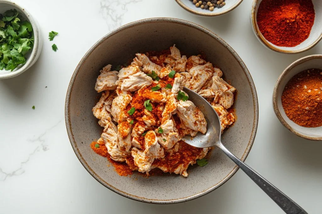 homemade chicken taco seasoning with chili powder, cumin, and smoked paprika, surrounded by small bowls of spices on a white marble countertop.