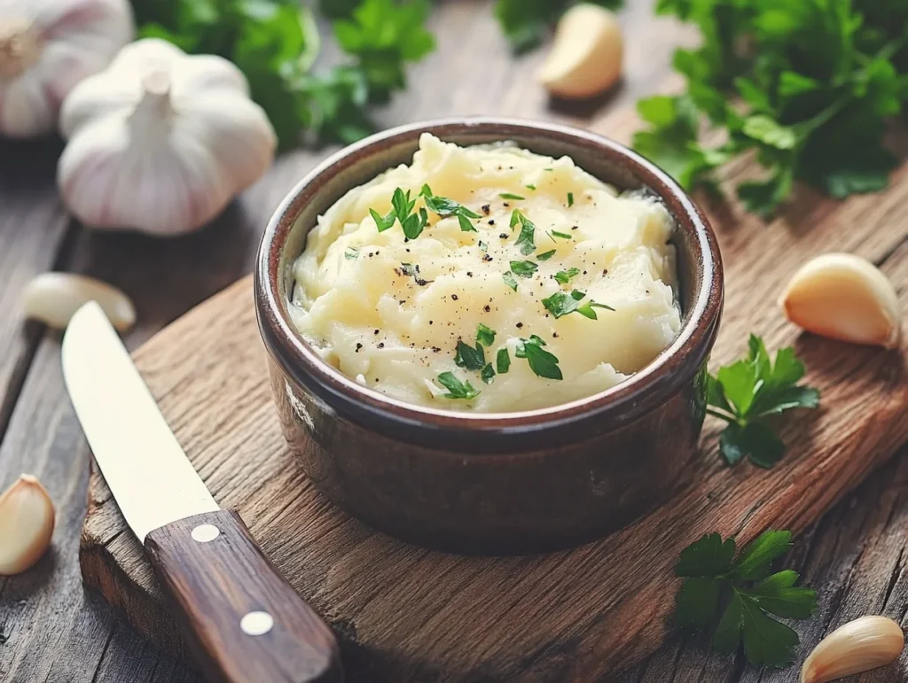 A small bowl of freshly prepared garlic butter with minced garlic and parsley, resting on a wooden cutting board with fresh garlic.