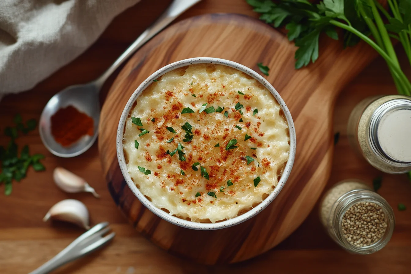 homemade Lipton Onion Soup Substitute in a bowl surrounded by spices and measuring spoons on a wooden cutting board.