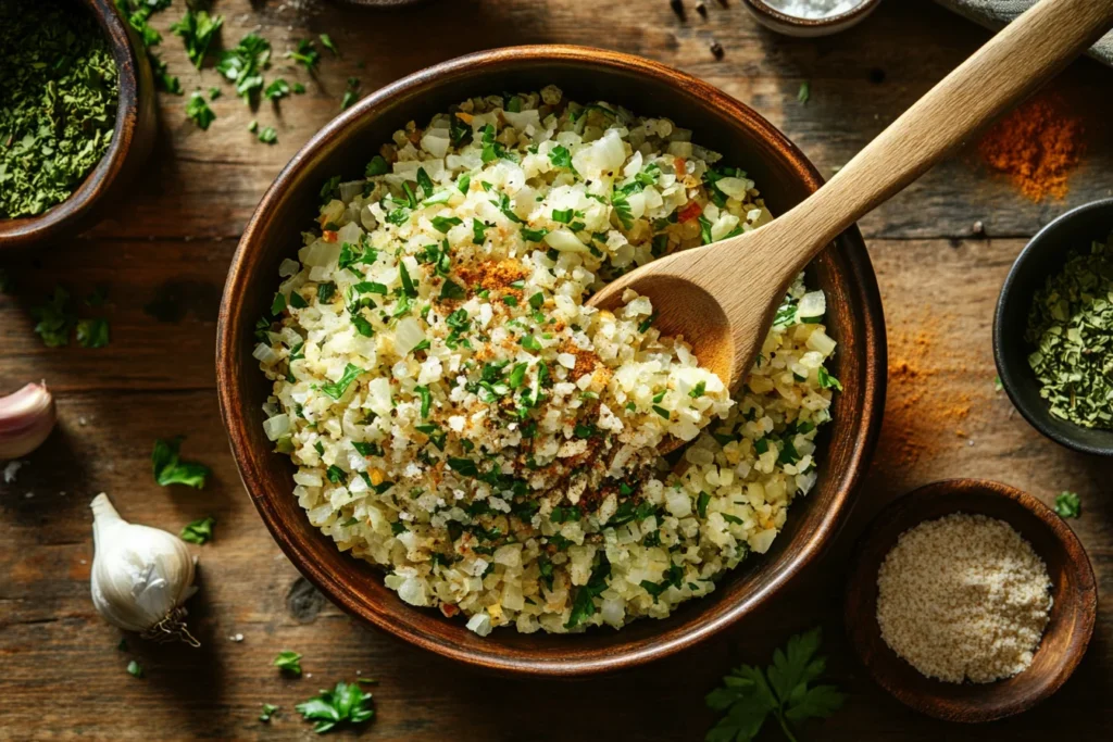 bowl of homemade onion soup mix with dried onion flakes and spices, surrounded by small bowls of ingredients.