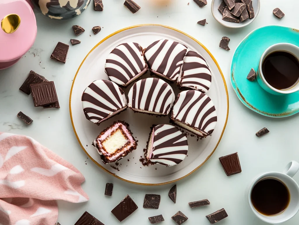 Completed zebra cakes arranged on a serving platter, with a sliced piece revealing marshmallow filling. Coffee and chocolate accents create a cheerful setup.