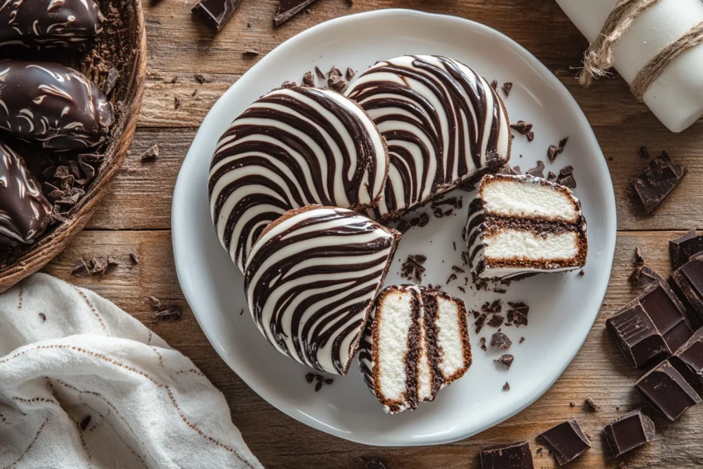 Freshly made zebra cakes arranged on a plate, featuring striped chocolate patterns and glossy white coating with sliced pieces revealing creamy marshmallow filling.