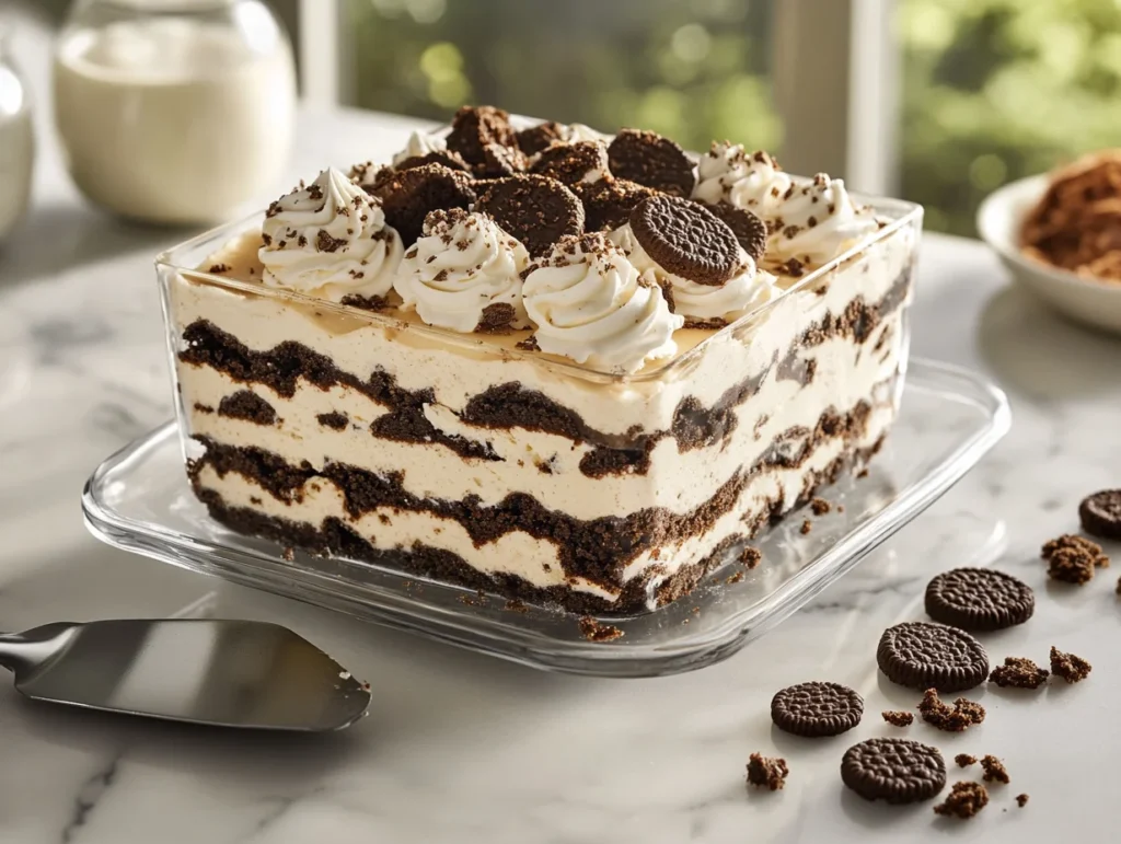 Cookies & Cream Icebox Cake made with Hy-Vee Cookies & Cream Mix, layered with chocolate wafers and cream, garnished with whipped cream and cookie crumbles.