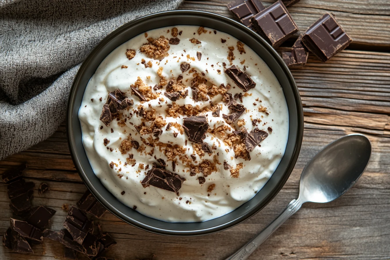 Hy-Vee Cookies & Cream Mix dessert garnished with whipped cream and chocolate shavings, placed on a rustic wooden table.