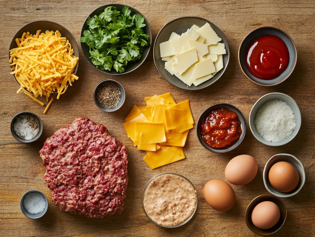  ingredients for bacon cheeseburger meatloaf, including raw ground beef, cheddar cheese, bacon, and seasonings on a wooden countertop.