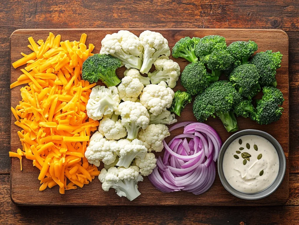 Fresh broccoli and cauliflower florets with red onion slices, cheddar cheese, sunflower seeds, and creamy dressing on a wooden cutting board.