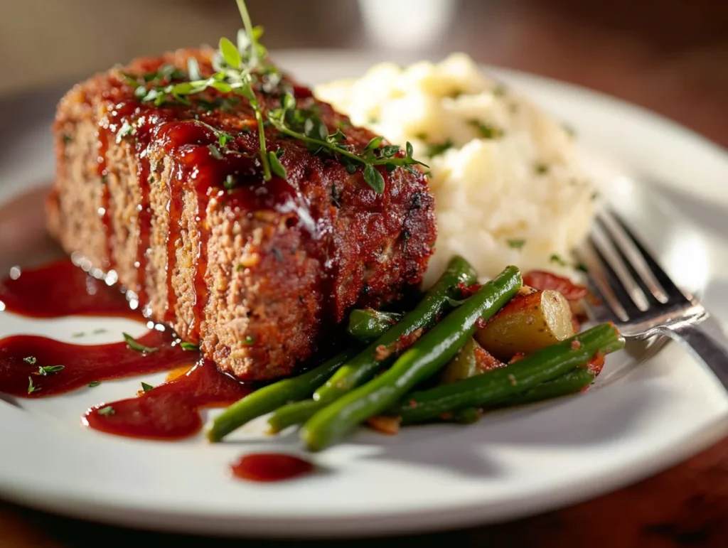 A thick slice of meatloaf with herbs, plated with mashed potatoes, sautéed green beans, and a drizzle of ketchup glaze.