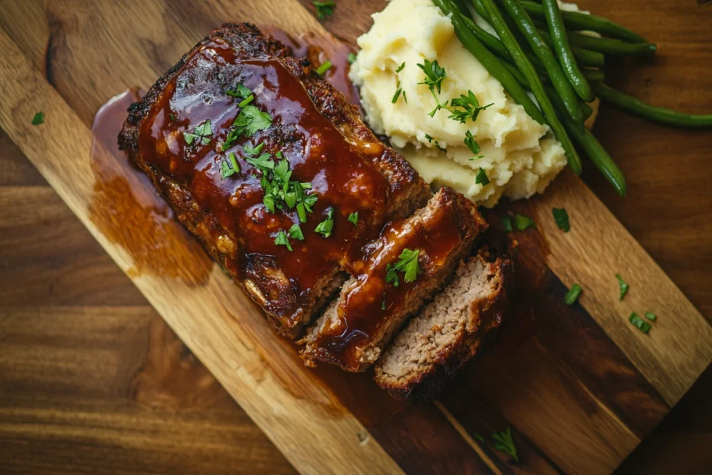 Moist meatloaf with a caramelized ketchup glaze sliced on a wooden board, garnished with parsley, surrounded by mashed potatoes and green beans.