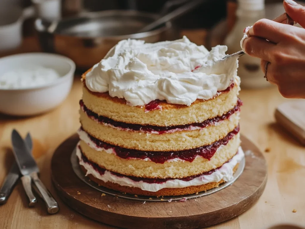 assembled Princess Cake showing layers of sponge cake, raspberry jam, and custard, with whipped cream being spread on top by a baker’s hand.