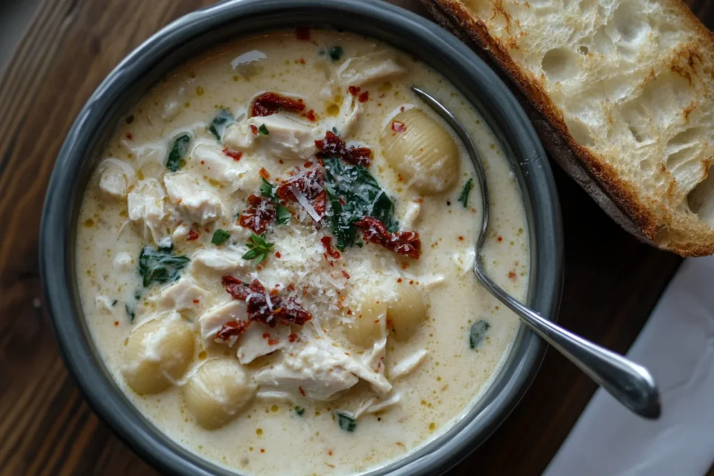 A bowl of creamy Marry Me Chicken Soup with pasta, chicken, and sun-dried tomatoes, topped with Parmesan and basil.