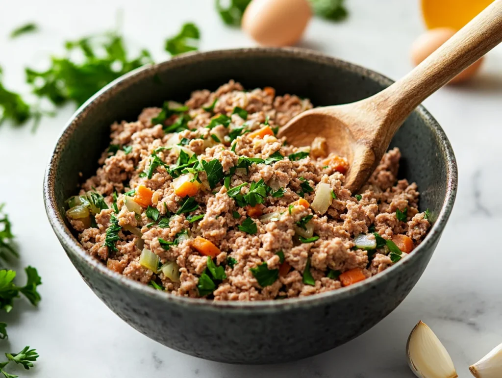 mixing bowl with meatloaf ingredients, including soaked breadcrumbs, sautéed vegetables, and seasonings, ready to be mixed.