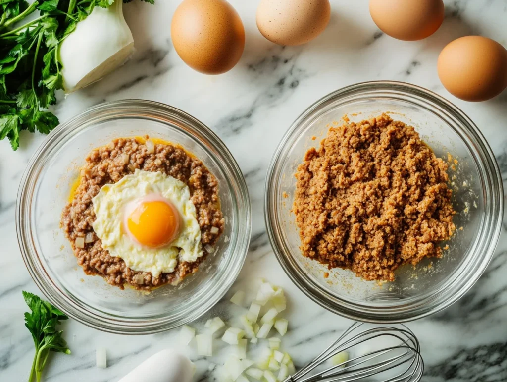 two meatloaf mixtures in clear bowls, comparing the effects of one egg versus an extra egg, with fresh ingredients around.