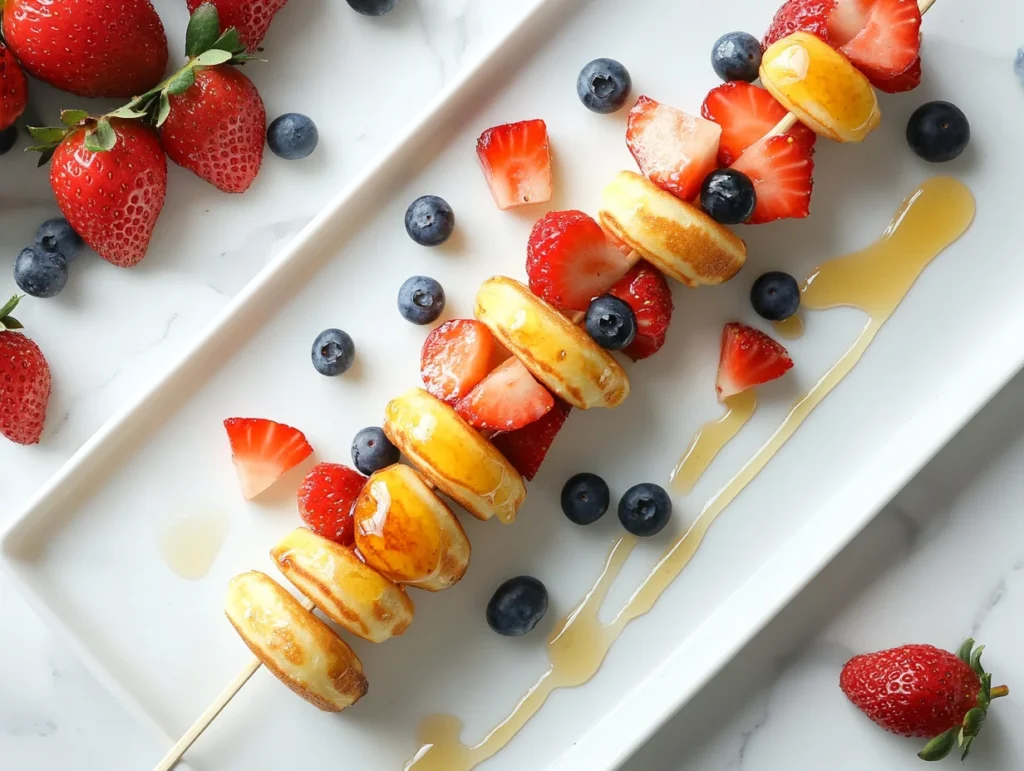 Skewers of mini pancakes stacked with fresh fruit on a white platter, drizzled with honey.