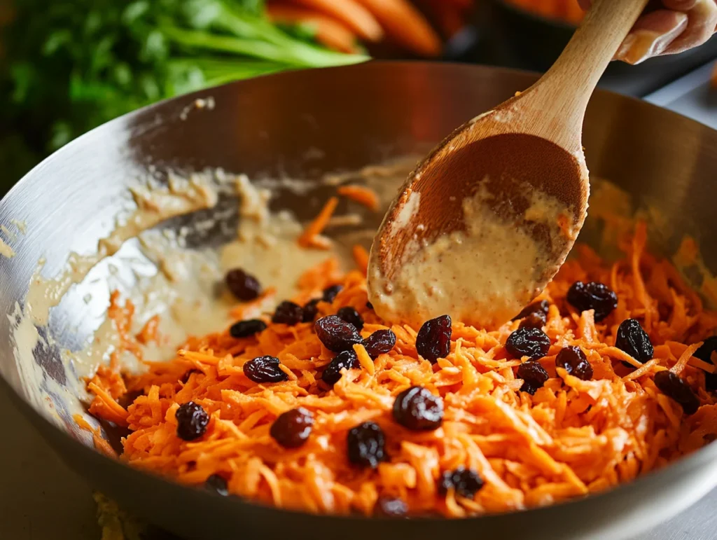 A mixing bowl with shredded carrots, raisins, and creamy dressing being tossed with a wooden spoon.