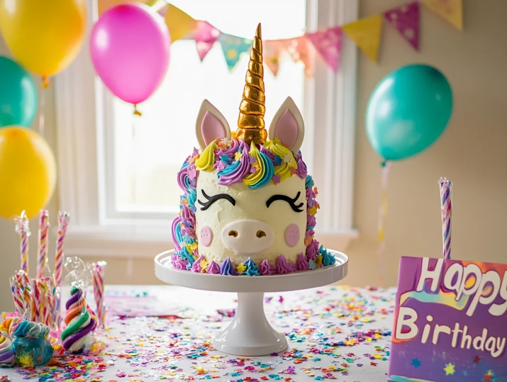 A fully decorated unicorn cake with a gold horn and pastel buttercream rosettes, surrounded by colorful party decorations and confetti.