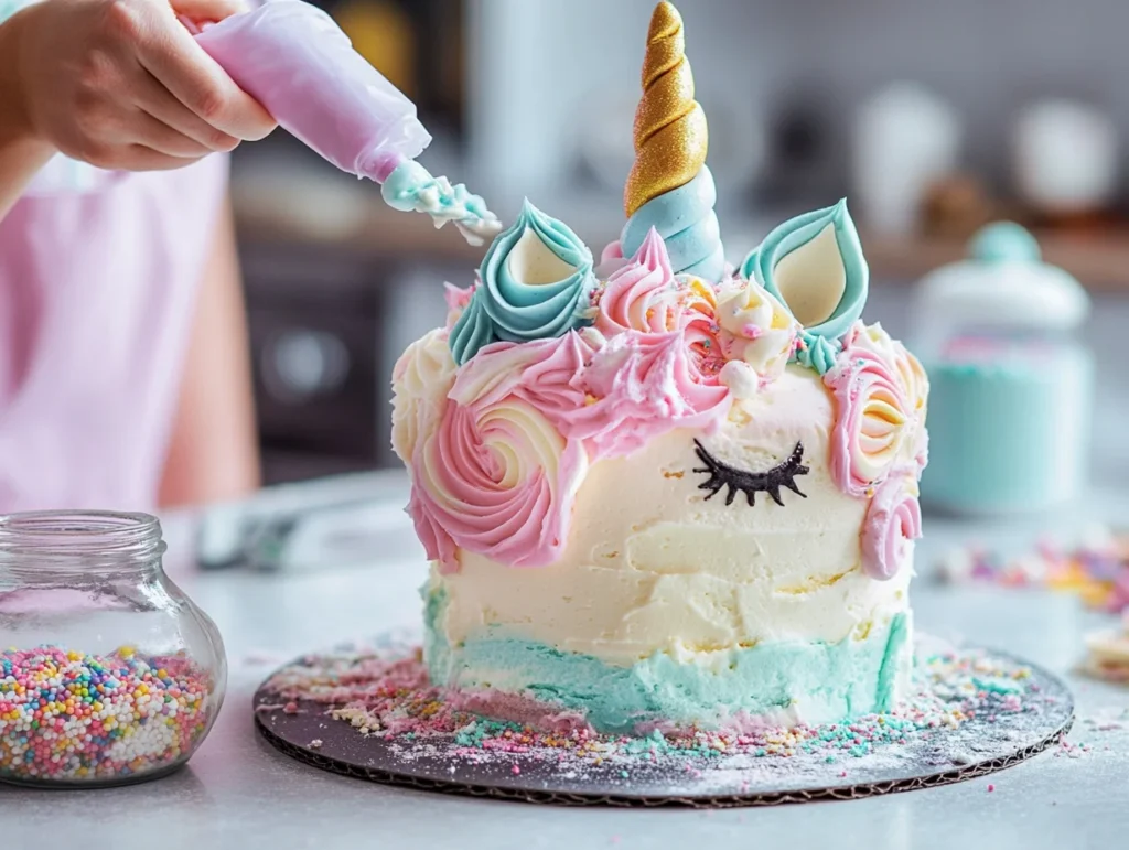 unicorn cake with pastel buttercream rosettes using a piping bag, with sprinkles and edible glitter on the countertop.