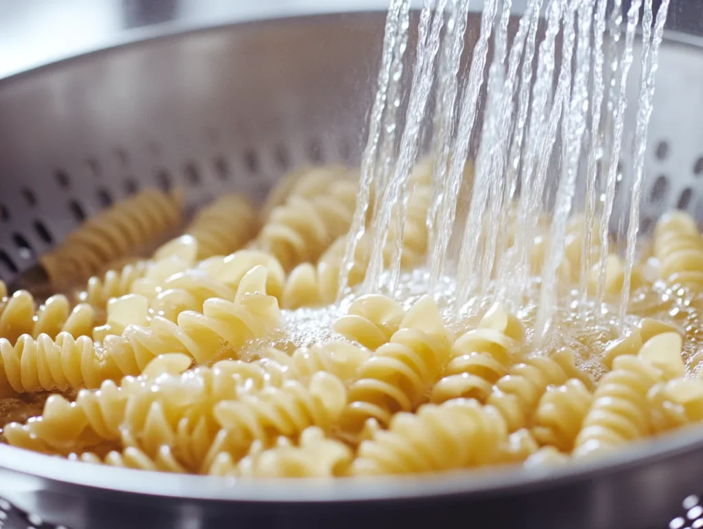 rotini pasta being rinsed under cold water in a colander, showcasing its firm, al dente texture.