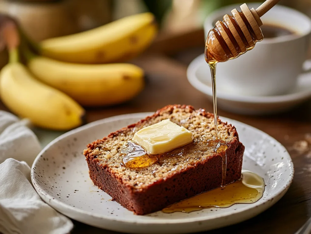 A slice of 4-ingredient banana bread served with butter and honey, accompanied by coffee and bananas in the background.