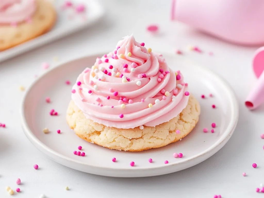 pink sugar Crumbl-style cookie with swirled almond frosting and decorative sprinkles on a white plate.