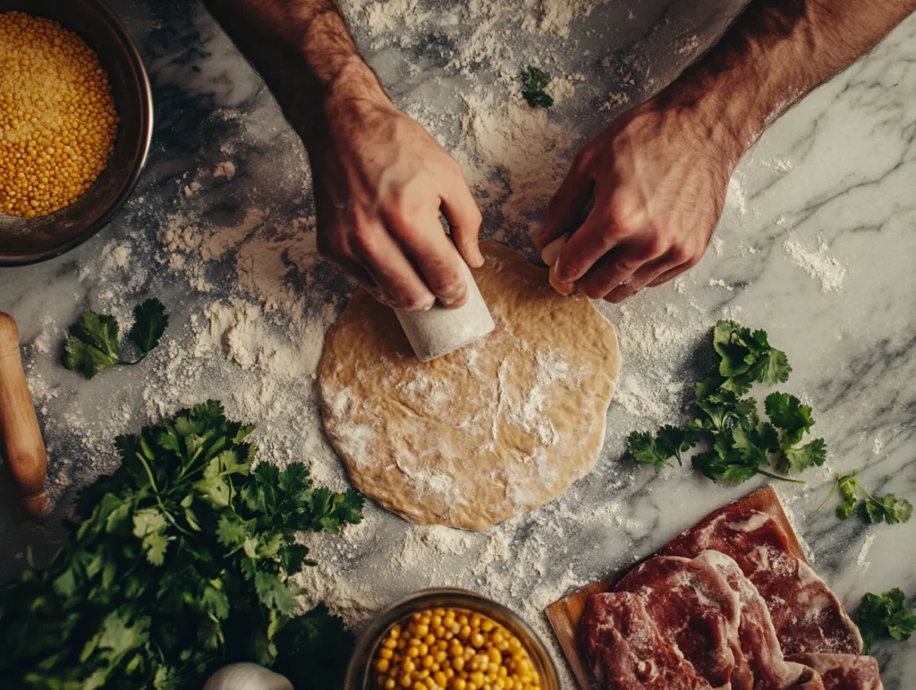 rolling pizza dough on a floured surface with a rolling pin, surrounded by cornmeal, a pizza stone, and fresh cilantro.