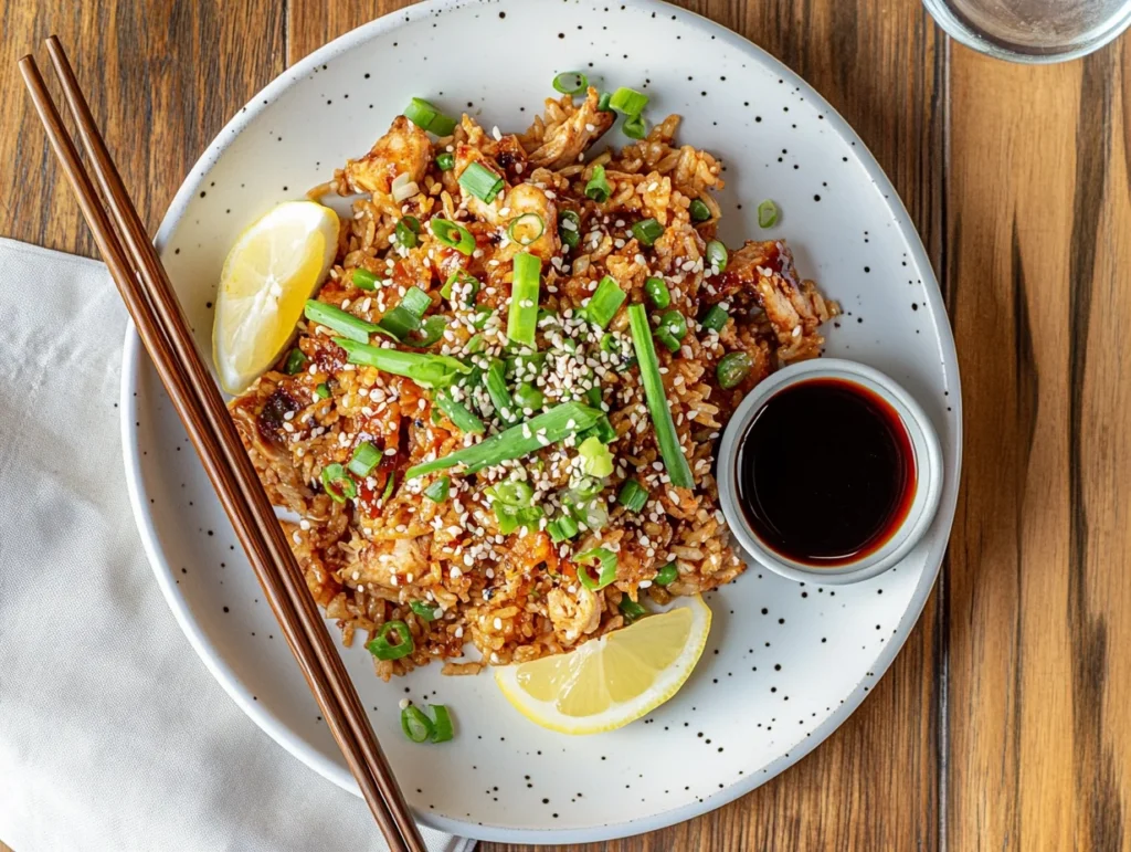 A white plate of Benihana chicken fried rice garnished with green onions and sesame seeds, paired with chopsticks and soy sauce.