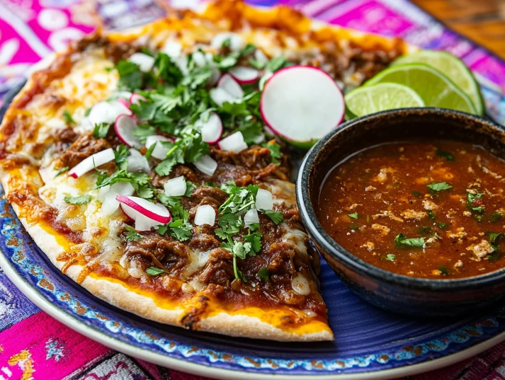 A slice of birria pizza with melted cheese, birria meat, onions, and cilantro, served with birria consomé, lime wedges, and radishes.