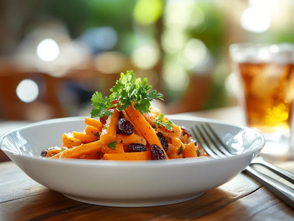 Carrot raisin salad served in a white ceramic bowl, garnished with parsley, with a fork and iced tea in the background.