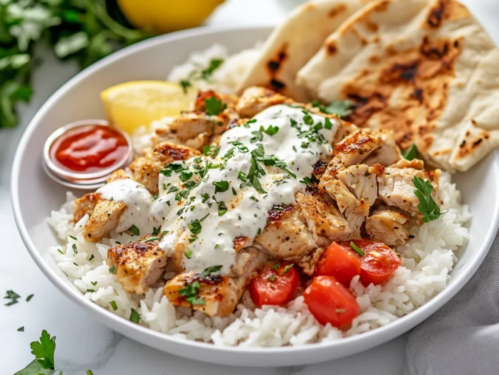 chicken over rice with white sauce, garnished with parsley, tomatoes, and a lemon wedge, served with pita bread and hot sauce.