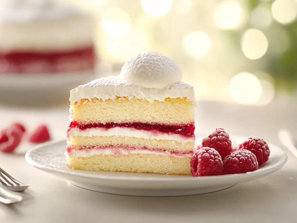 slice of Princess Cake showing layers of sponge cake, raspberry jam, custard, whipped cream, and green marzipan, on a white dessert plate.