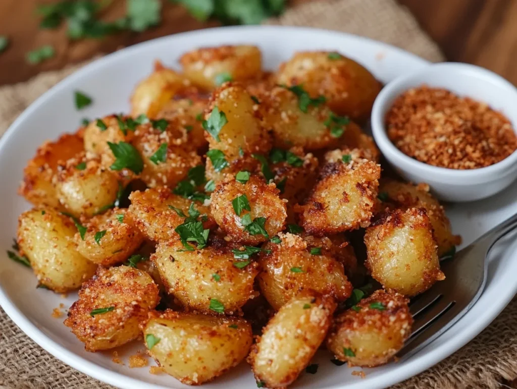 roasted potatoes seasoned with onion soup mix, garnished with parsley, with a bowl of the mix on the side.