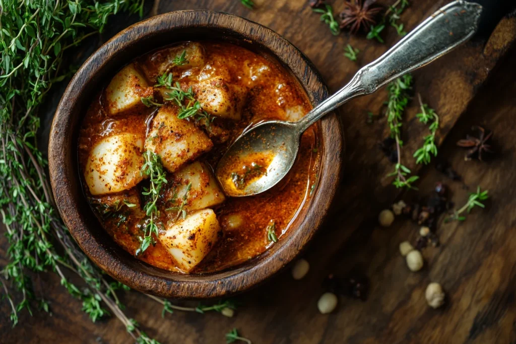 Hillbilly Fish Seasoning in a wooden bowl with a spoonful of spices and scattered herbs, showcasing its bold, rustic texture.