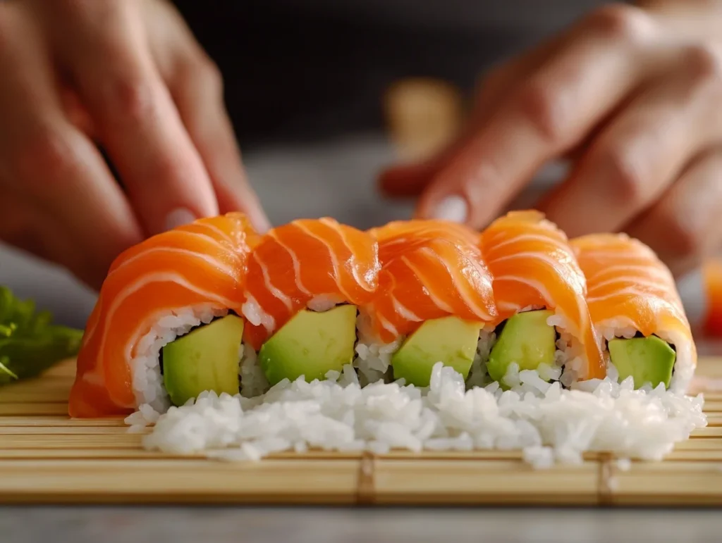 rolling a salmon sushi roll with a bamboo mat, revealing vibrant salmon, avocado, and rice. Tools and ingredients are in the background.