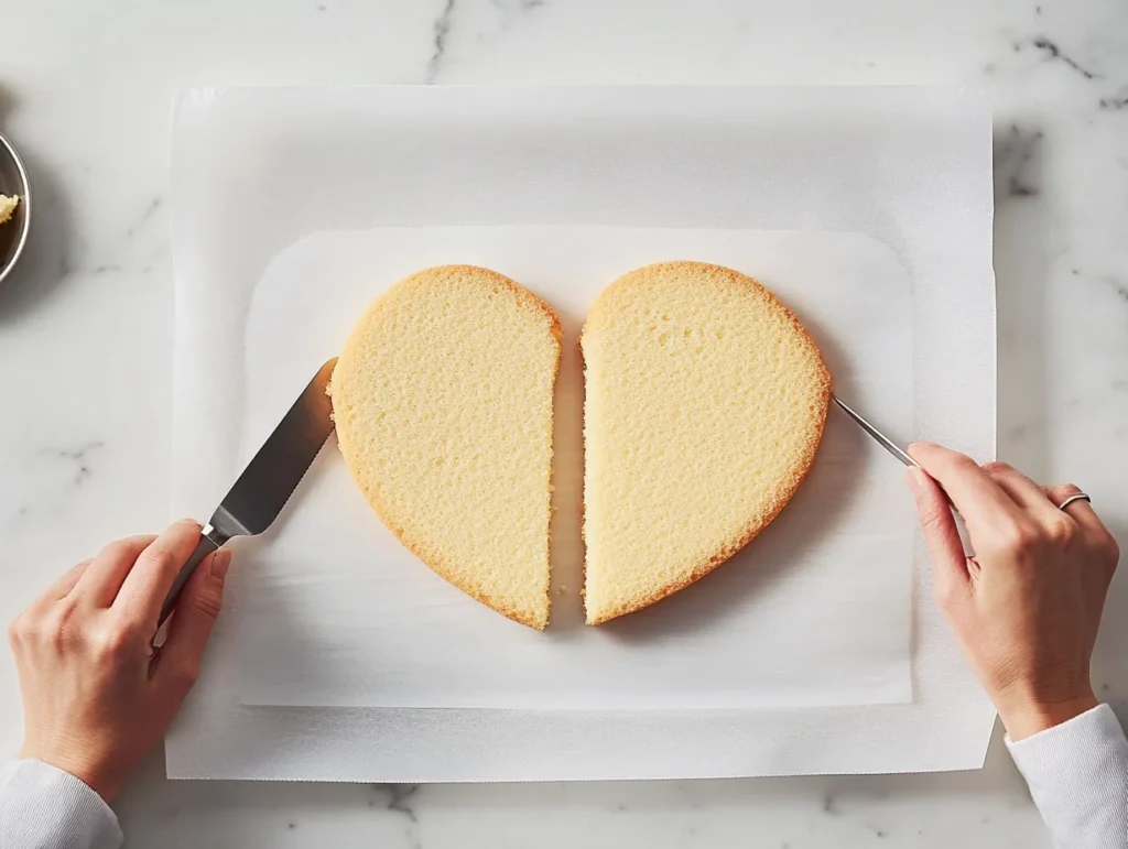 Two round cakes being trimmed and assembled into a heart shape with a serrated knife and cake board.