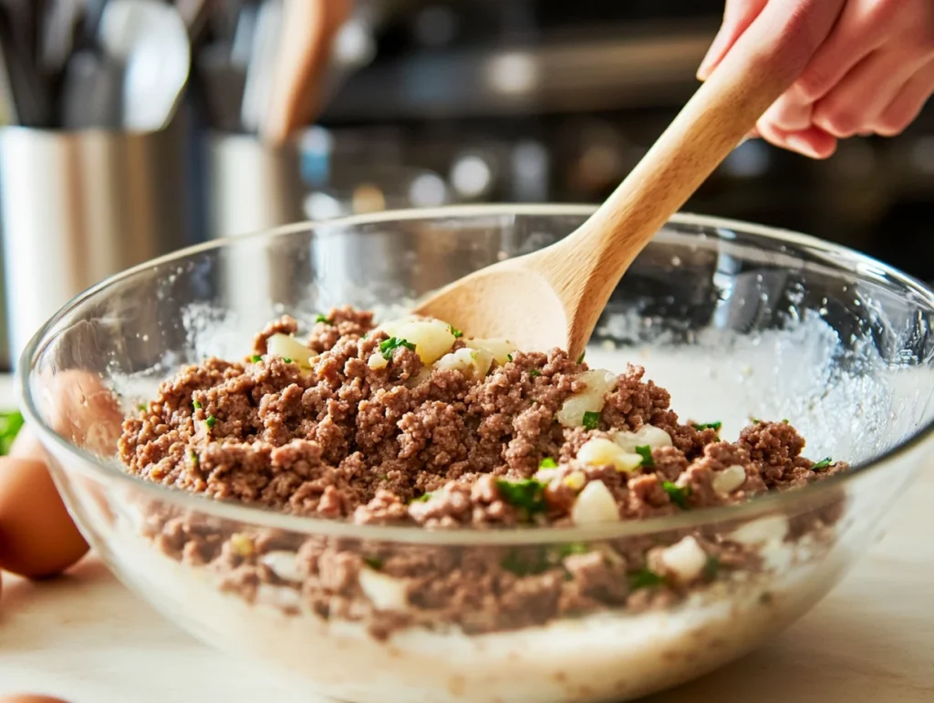 Mixing bowl with ground beef, pork, breadcrumbs, milk, and seasonings, being stirred with a wooden spoon during the meatloaf preparation.