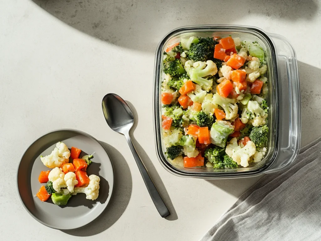 Broccoli cauliflower salad in a clear glass container with a lid, with a portion served on a small plate.