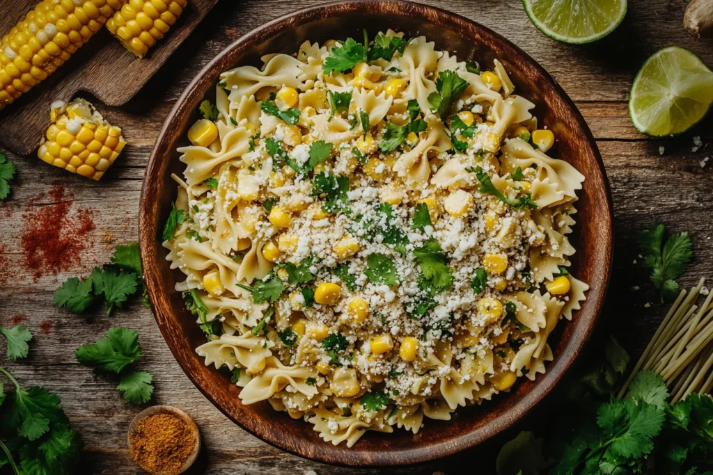 vibrant street corn pasta salad in a serving bowl with grilled corn, bowtie pasta, cotija cheese, and fresh cilantro.