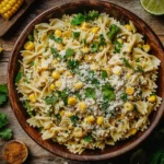 vibrant street corn pasta salad in a serving bowl with grilled corn, bowtie pasta, cotija cheese, and fresh cilantro.