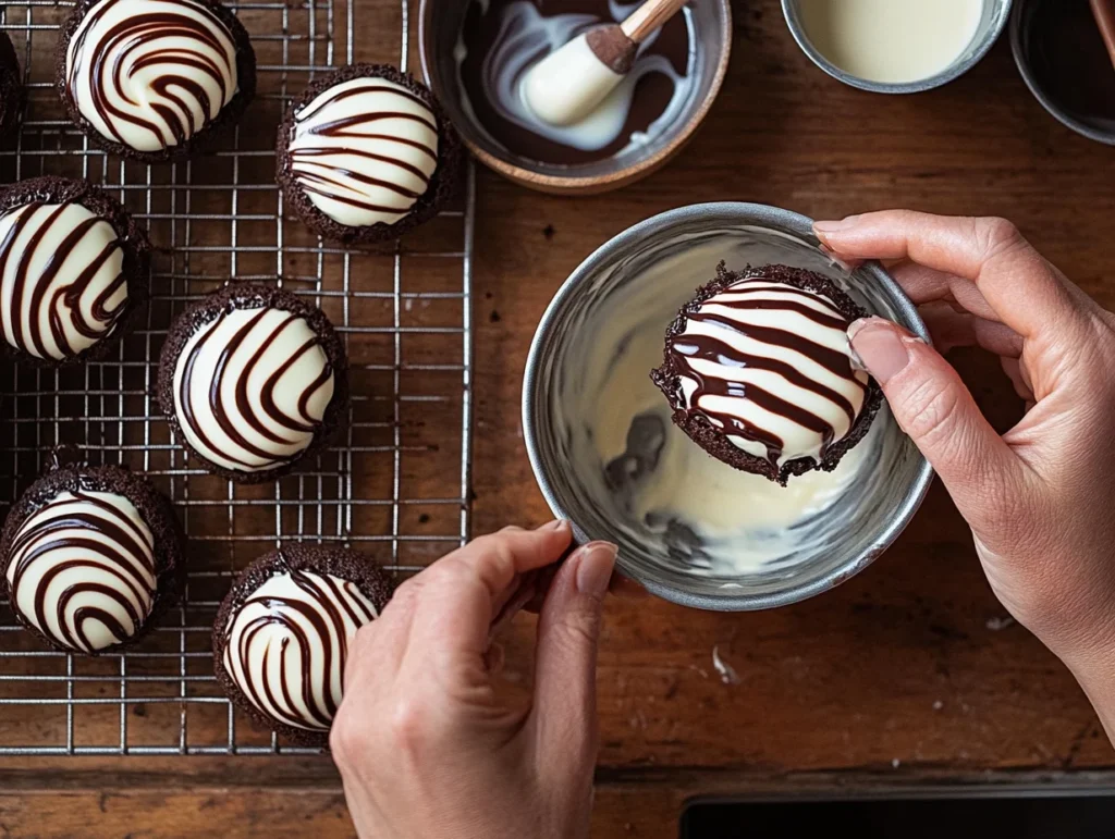 zebra cake into melted white candy coating, with a wire rack of cakes and chocolate piping tools nearby.