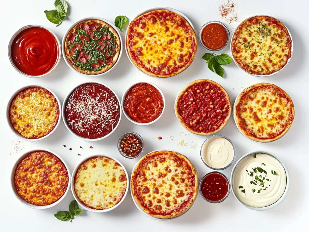 Variety of DiGiorno pizzas with marinara, ranch, barbecue sauce, and garlic butter dips surrounded by fresh herbs and grated Parmesan.