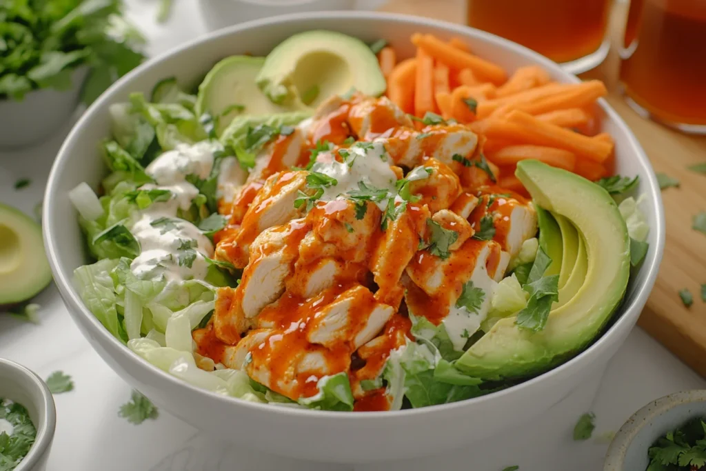 Vibrant buffalo chicken salad with fresh veggies and creamy dressing served in a white bowl, garnished with parsley and avocado slices.