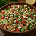 Fresh and colorful pasta salad in a large bowl with rotini, tomatoes, cucumbers, feta, and parsley, garnished with vinaigrette dressing.