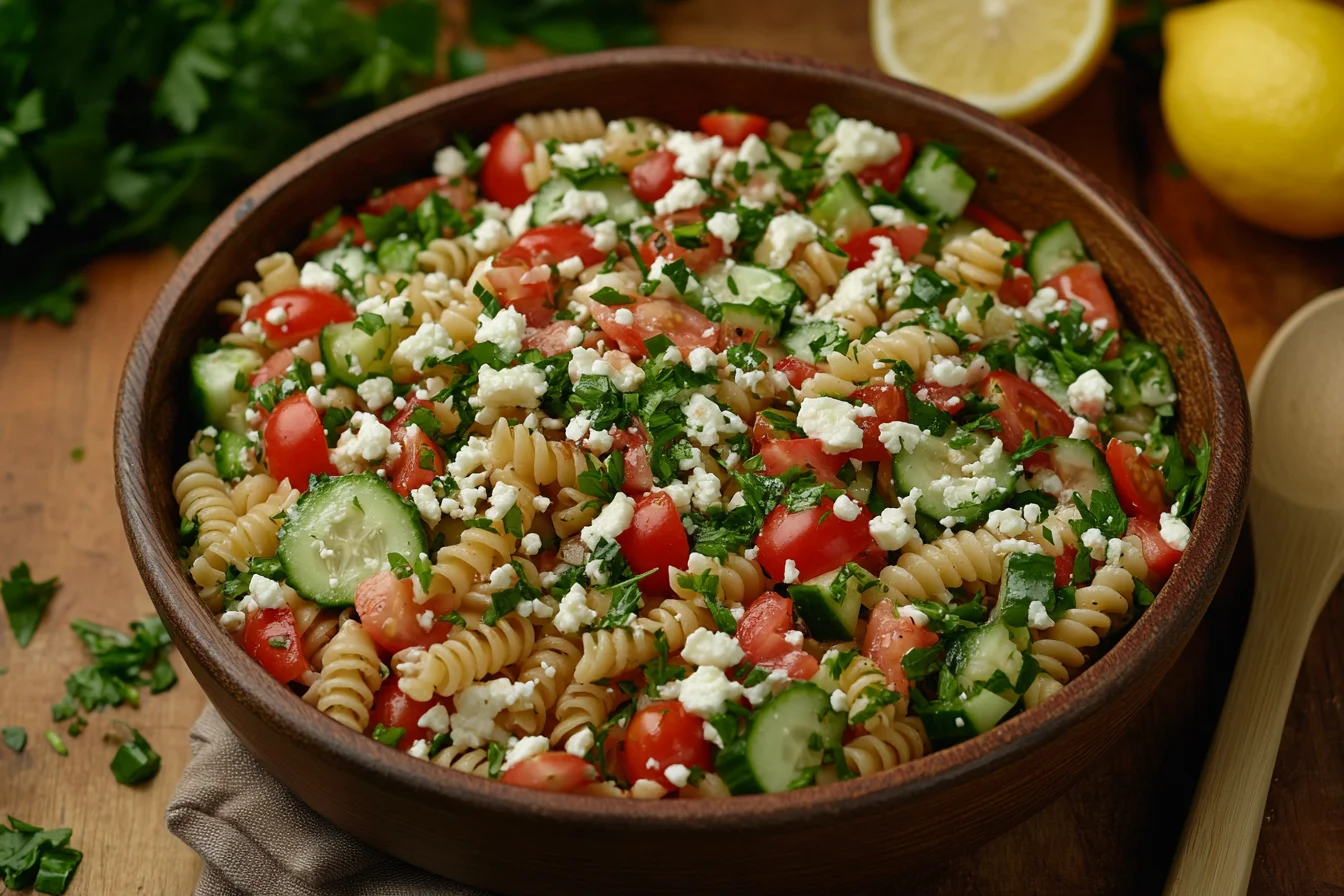 Fresh and colorful pasta salad in a large bowl with rotini, tomatoes, cucumbers, feta, and parsley, garnished with vinaigrette dressing.